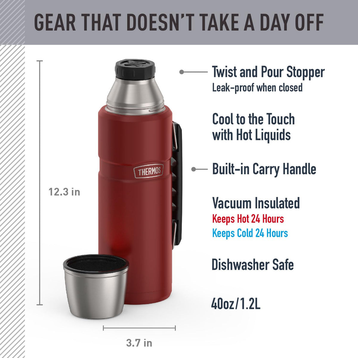 THERMOS Stainless King 40oz carry handle for comfortable transport on hikes.