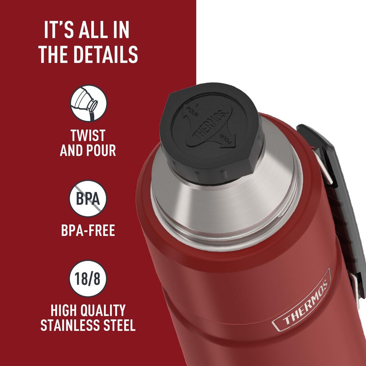 THERMOS Stainless King 40oz insulation technology keeps beverages hot or cold longer.