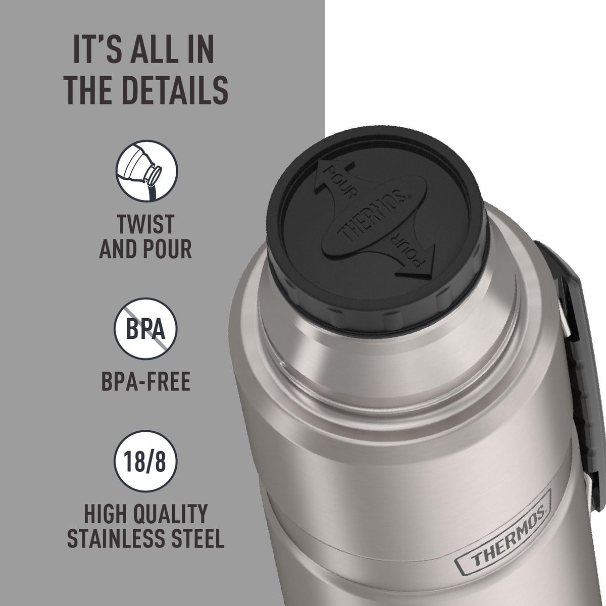 THERMOS Stainless King 68-ounce bottle carry handle enables easy transport