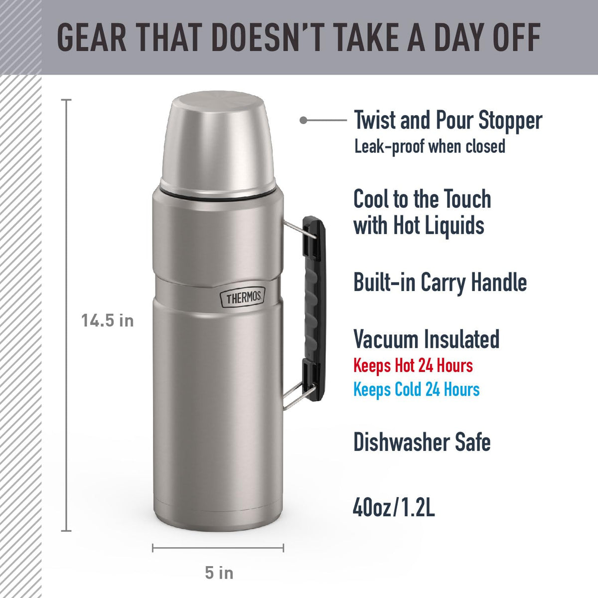 THERMOS Stainless King 68-ounce bottle pour lid demonstrates twist-and-pour convenience