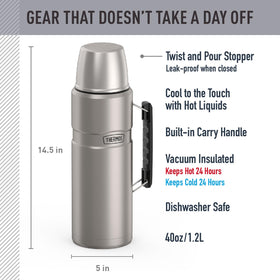 THERMOS Stainless King 68-ounce bottle pour lid demonstrates twist-and-pour convenience