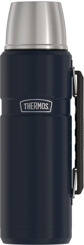 THERMOS Stainless King 68 oz bottle front view in midnight blue, ideal for camping and hot drinks.