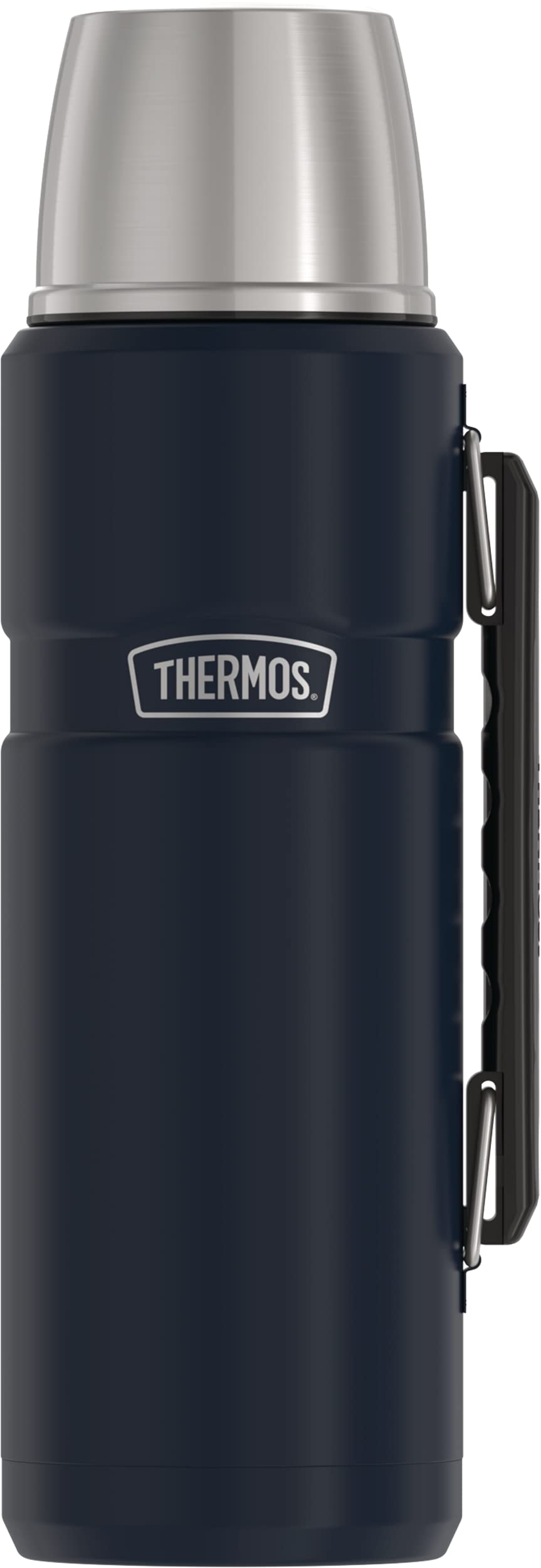 THERMOS Stainless King 68 oz bottle front view in midnight blue, ideal for camping and hot drinks.