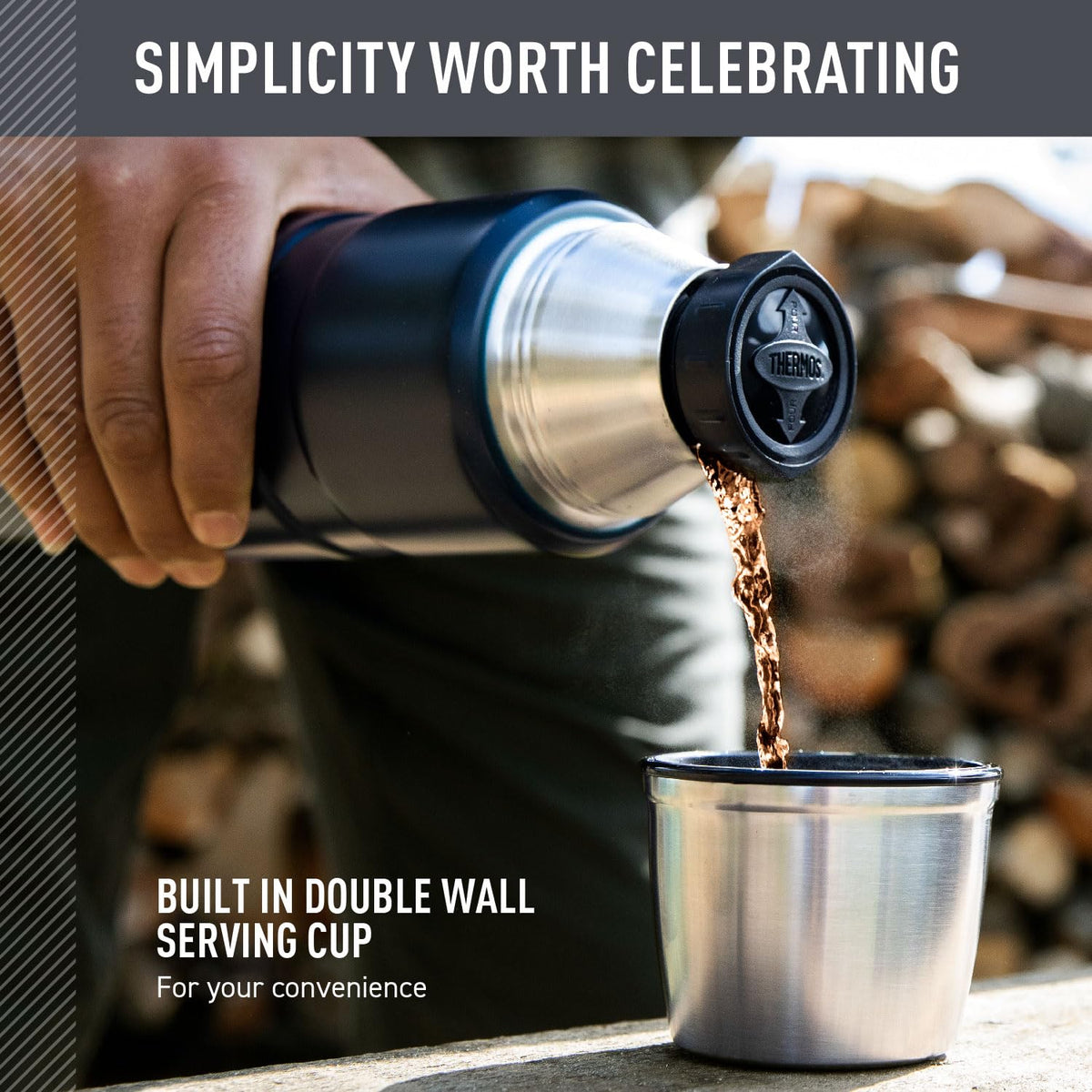 THERMOS Stainless King 68 oz, open cup lid for sharing hot beverages.
