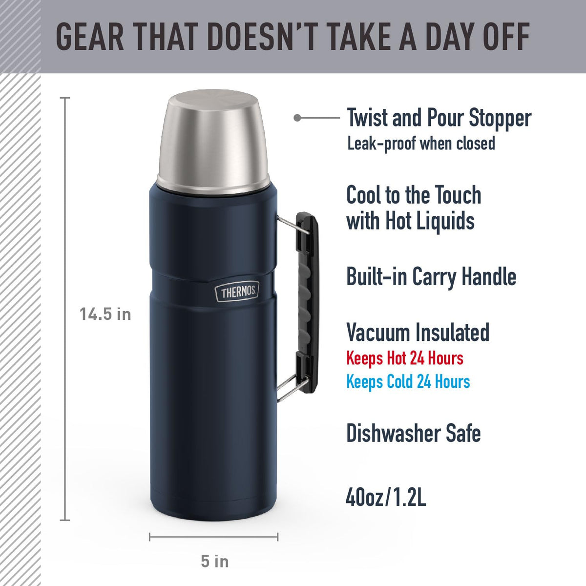 THERMOS Stainless King 68 oz bottle, side handle for easy carrying on hikes.