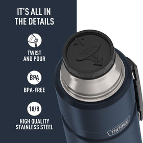 THERMOS Stainless King 68 oz bottle with twist-and-pour stopper enables spill-free serving.
