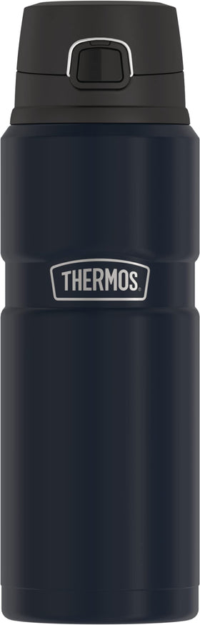 THERMOS Stainless King bottle in midnight blue demonstrates hot beverage insulation.