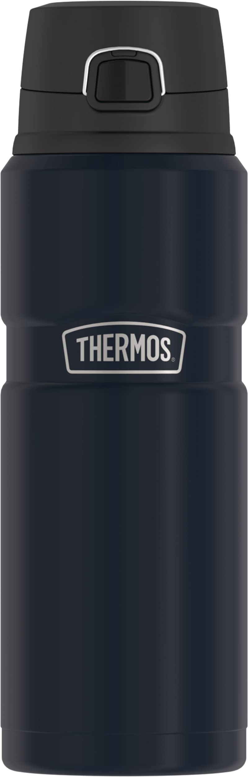 THERMOS Stainless King bottle in midnight blue demonstrates hot beverage insulation.