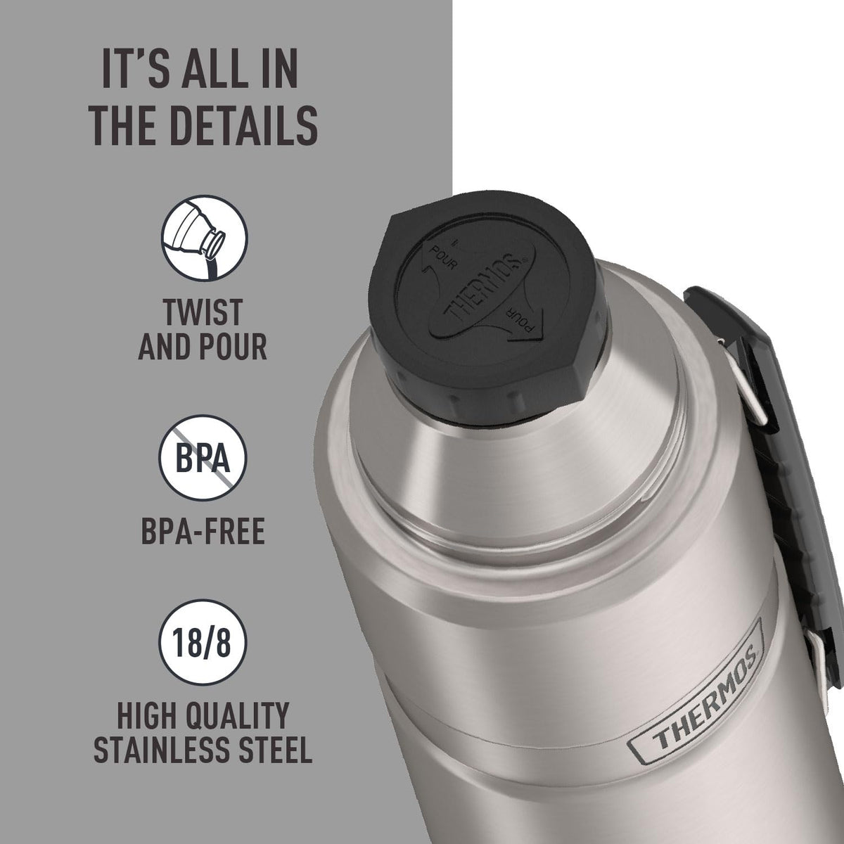 THERMOS Stainless King carry handle design adds portable convenience for hikes.