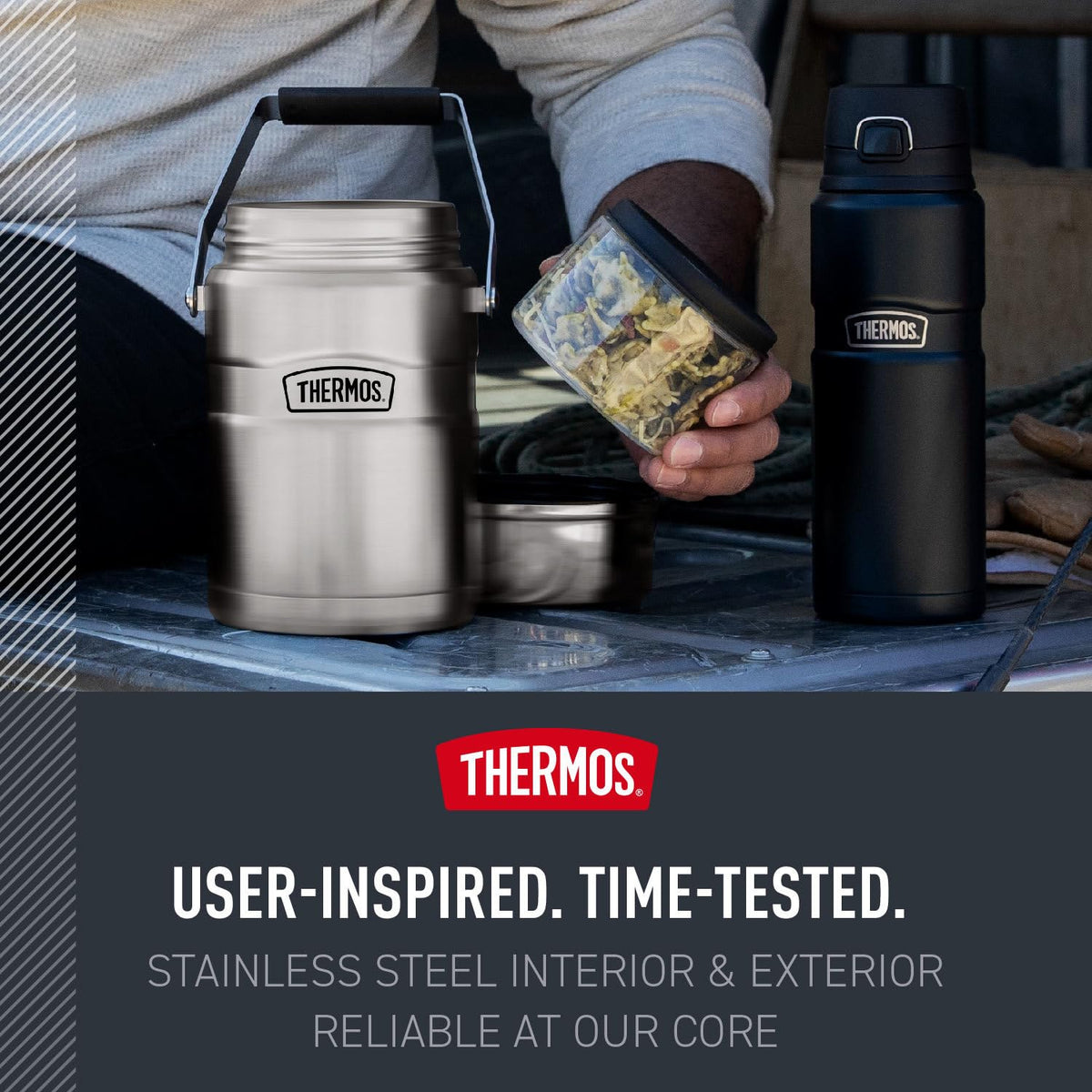 THERMOS Stainless King carry handle enables easy transport on hikes and outings.