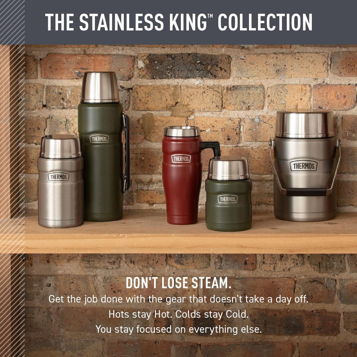 THERMOS Stainless King exterior stays cool to touch and sweat-proof with cold drinks.