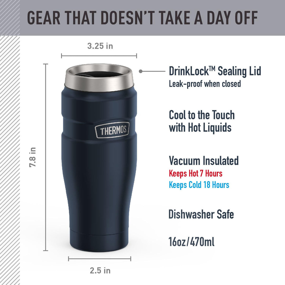 THERMOS Stainless King DrinkLock lid prevents leaks during commutes