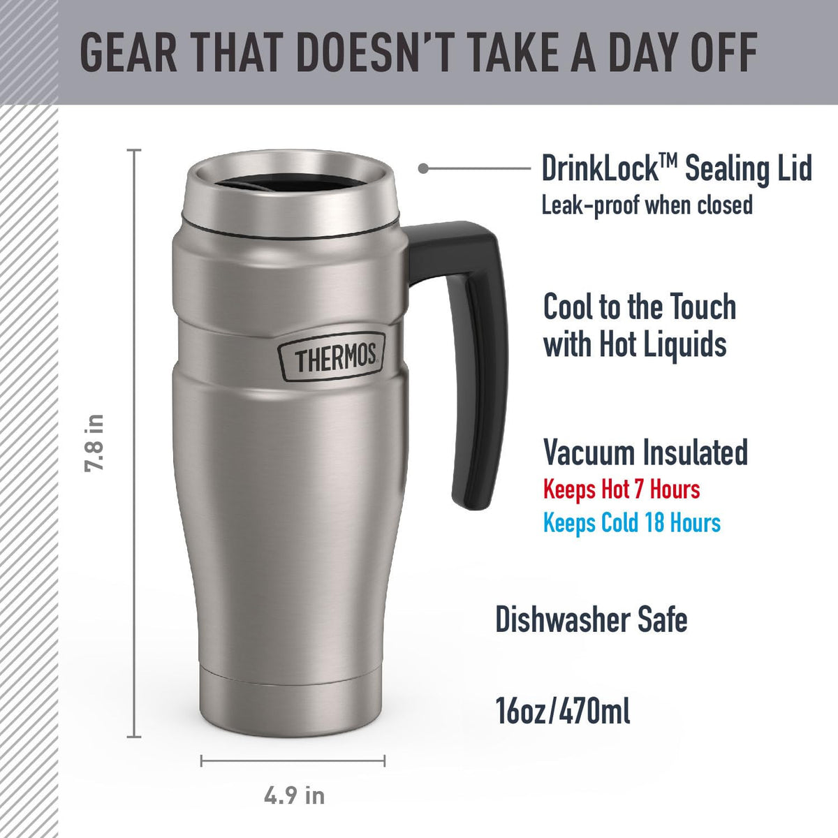 THERMOS Stainless King with DrinkLock lid keeps beverages secure during commutes.