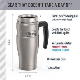 THERMOS Stainless King with DrinkLock lid keeps beverages secure during commutes.