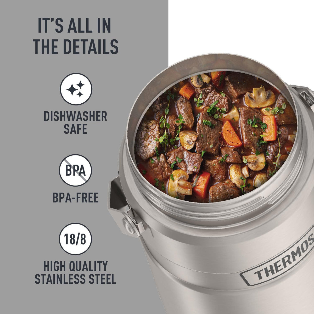 THERMOS Stainless King Food Jar inserts illustrate two 20-ounce containers for separate portions.