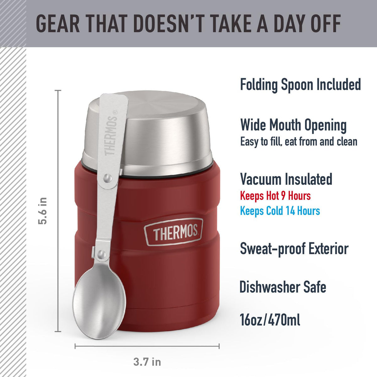THERMOS Stainless King with spoon stored inside lid for easy meals on the go