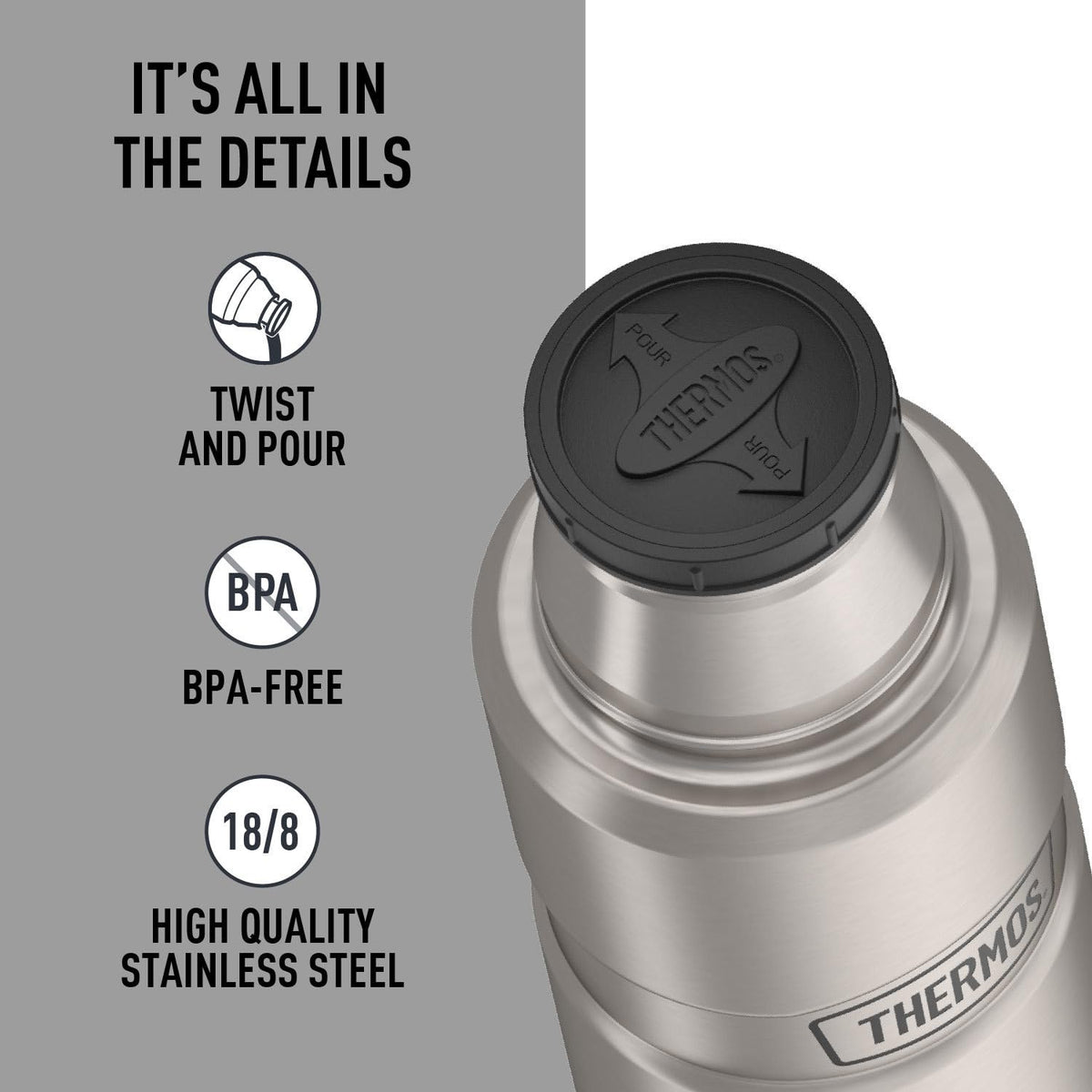 THERMOS Stainless King keeps hot up to 18 hours and cold up to 24.
