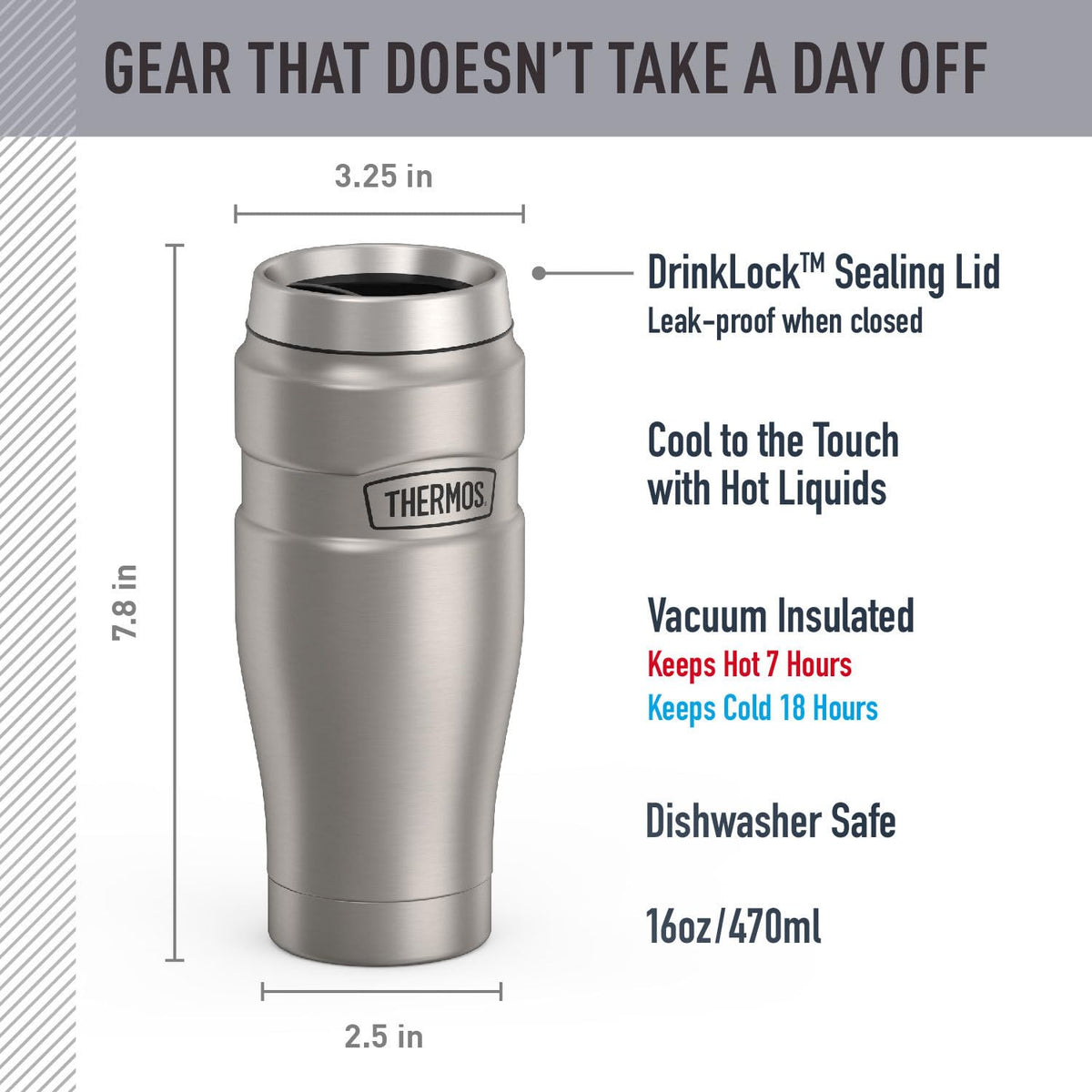 THERMOS Stainless King keeps iced tea cold for hours on the road.