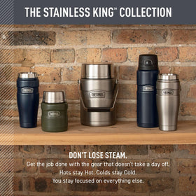 Outdoor camping scene with THERMOS bottle keeping drinks cold or hot.