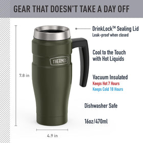 THERMOS Stainless King mug shown with built-in tea hook for on-the-go tea bags or infusers.