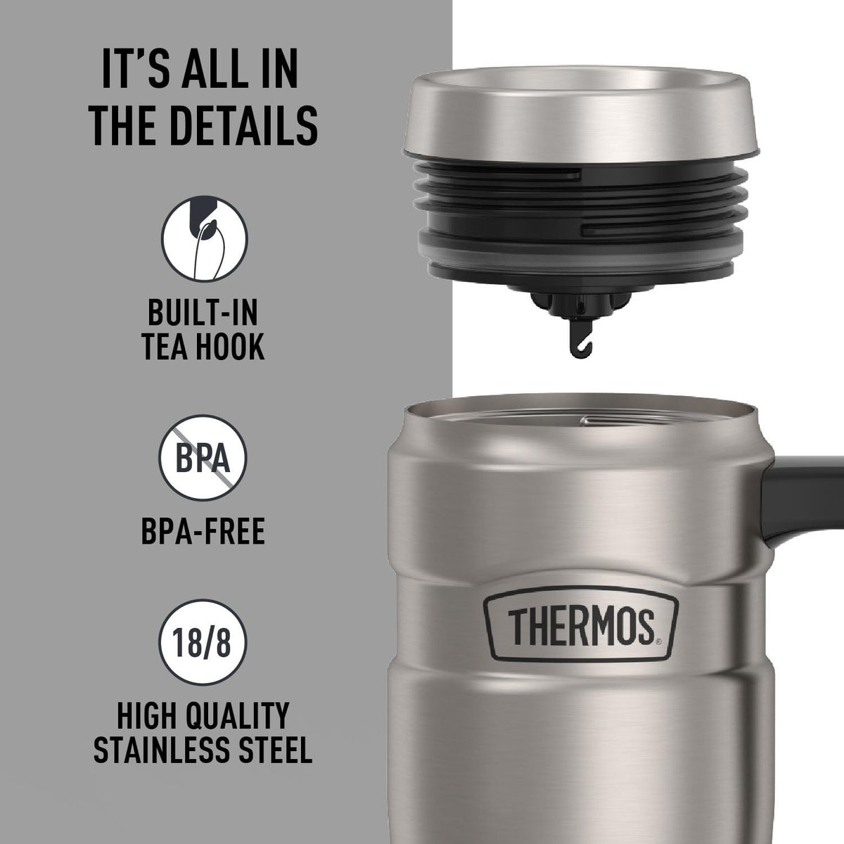 THERMOS Stainless King built-in tea hook for bags or infusers.