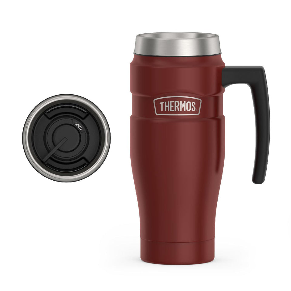 THERMOS Stainless King travel mug with handle keeps hot beverages ready on the go