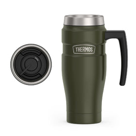 THERMOS Stainless King travel mug with handle for easy commuting and a secure grip.