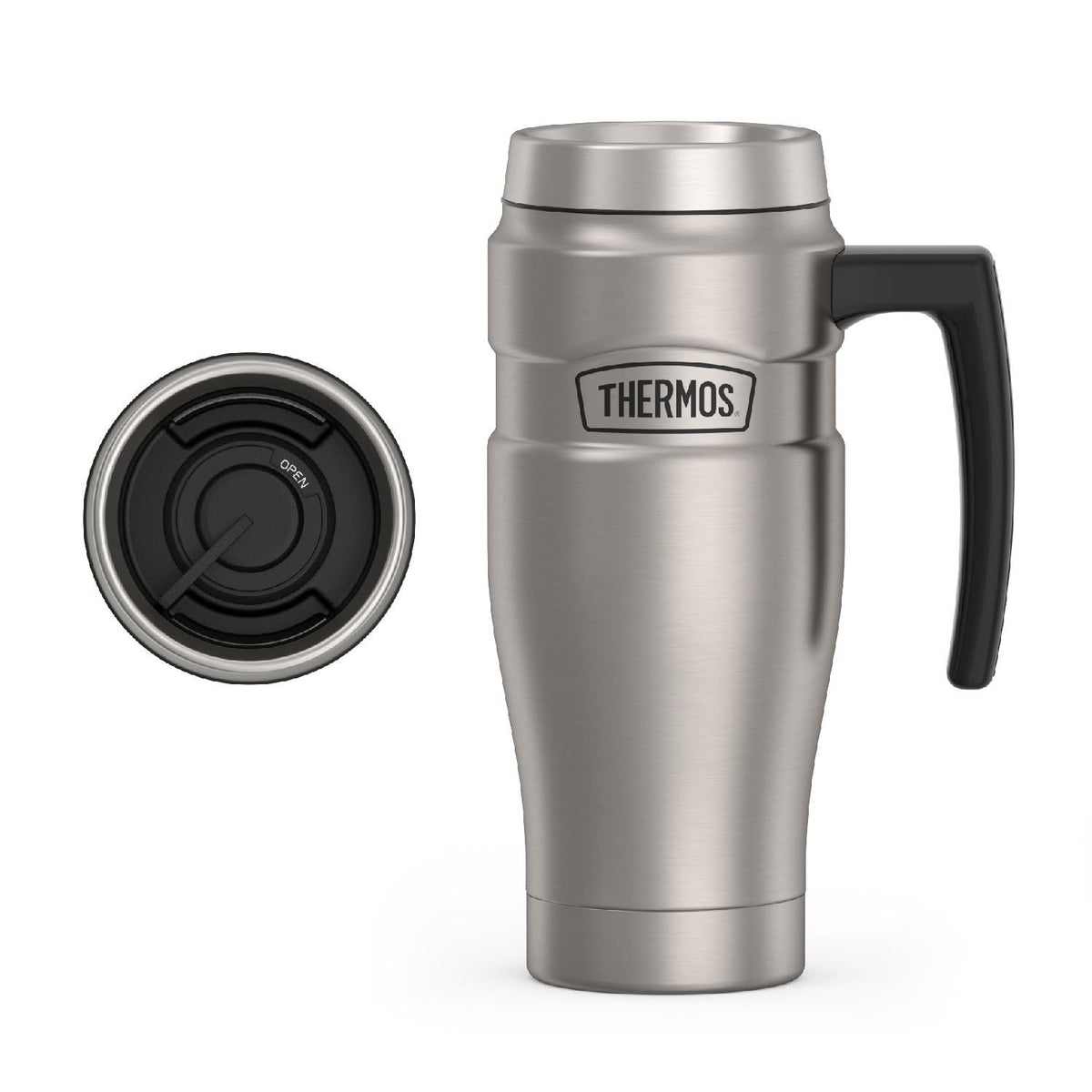 THERMOS Stainless King travel mug with handle for easy on-the-go sipping.