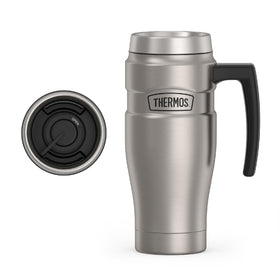 THERMOS Stainless King travel mug with handle for easy on-the-go sipping.