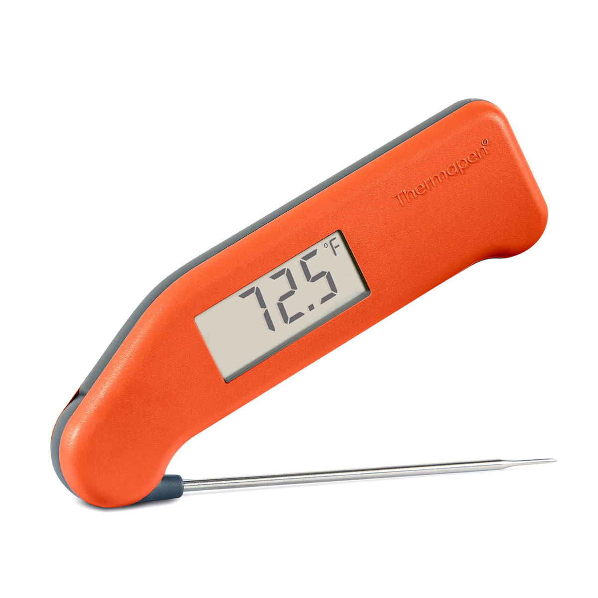 ThermoWorks Classic Thermapen cayenne red held in hand for quick temperature checks.