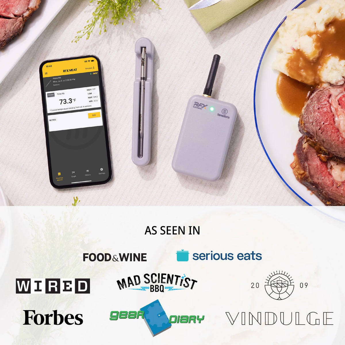 ThermoWorks RFX probe closeup highlights precise sensors for accurate heat tracking.