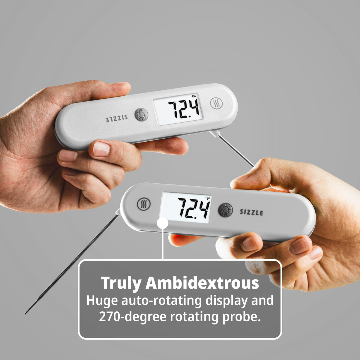 Sizzle folding probe in use for ambidextrous cooking and compact storage