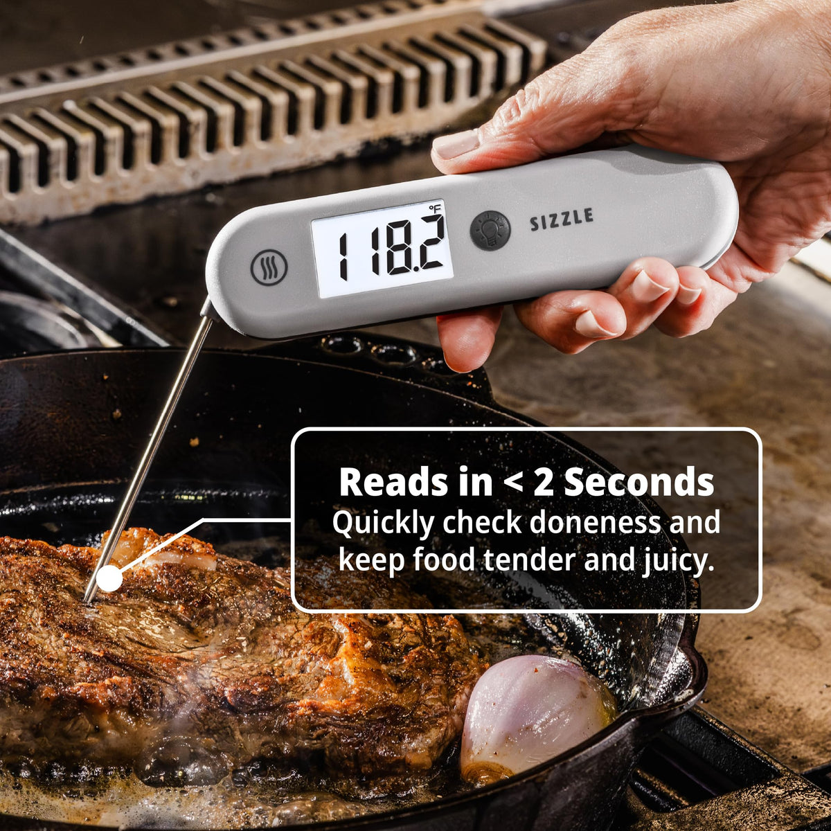 Sizzle thermometer with 270-degree rotating probe for comfortable use