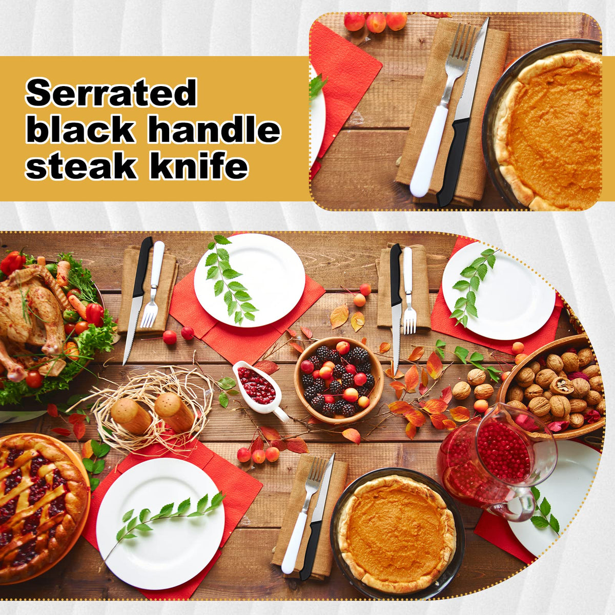 Therwen space-saving steak knife set fits compact drawers for organized kitchen storage.