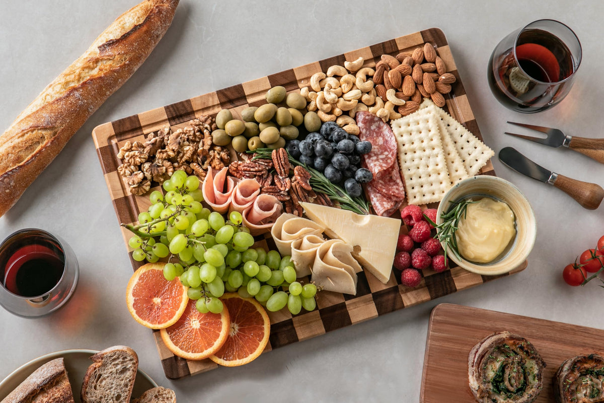 Thetchry board used as a cheese platter and serving tray.