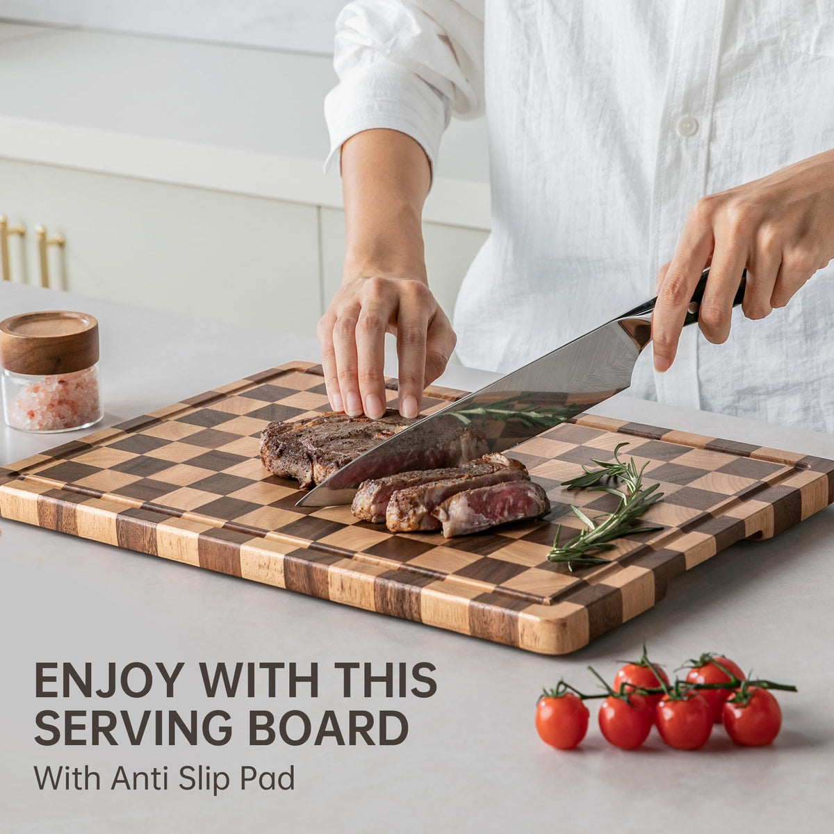 Thetchry double-sided board ready for prep and serving tasks.