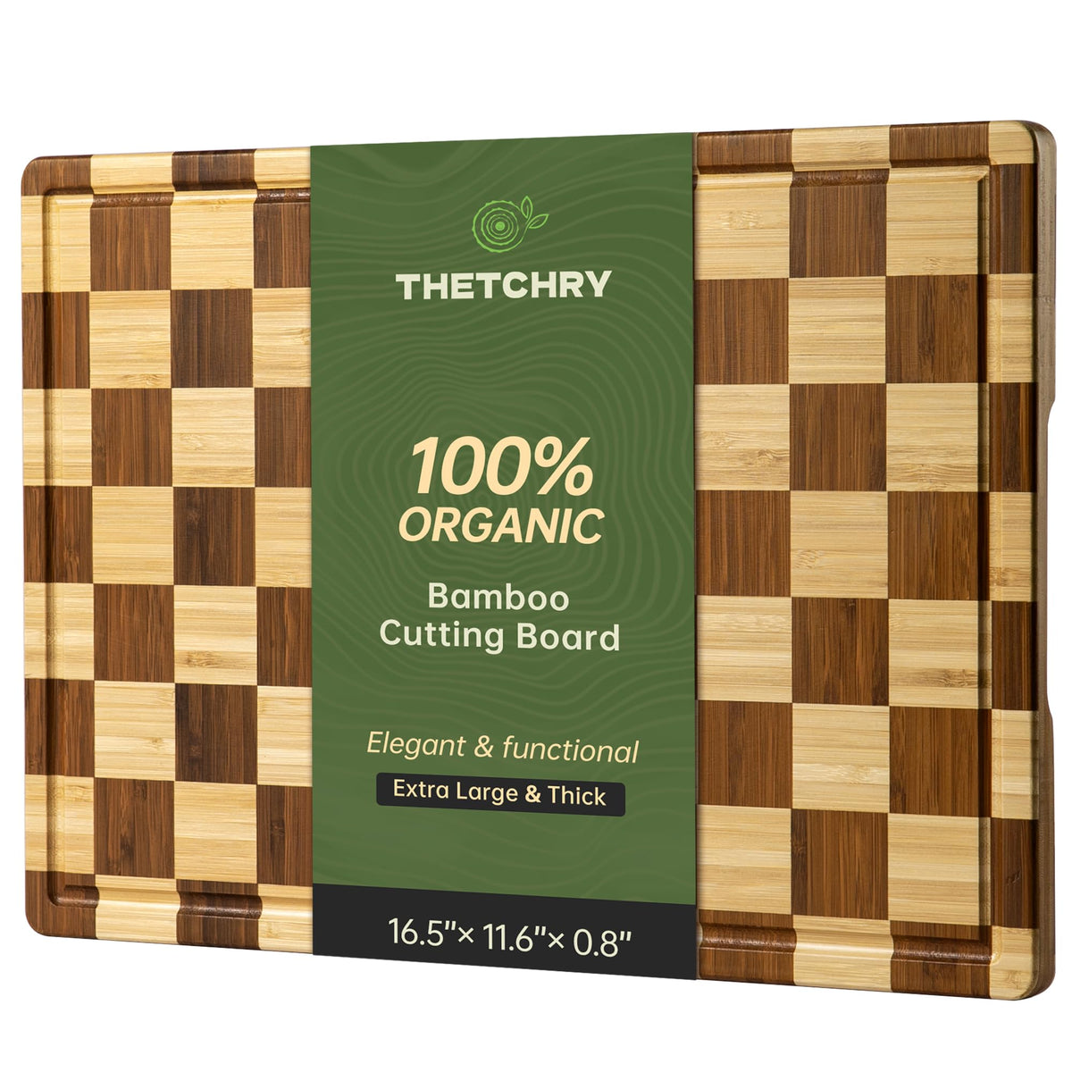 Thetchry bamboo cutting board with checkered pattern and juice groove for clean prep