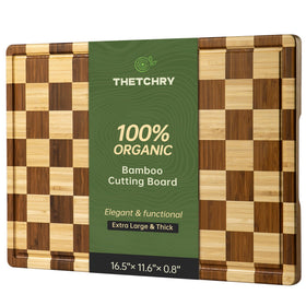 Thetchry bamboo cutting board with checkered pattern and juice groove for clean prep