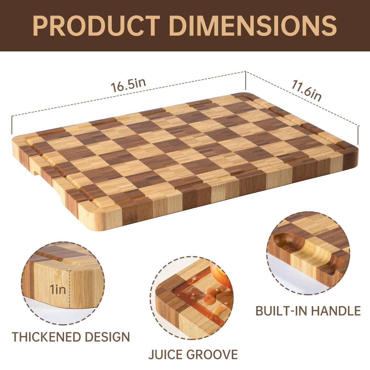Thetchry bamboo board with juice groove to catch liquids and protect counters