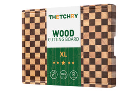 thetchry checkered acacia cutting board top view highlights durable, stylish prep surface