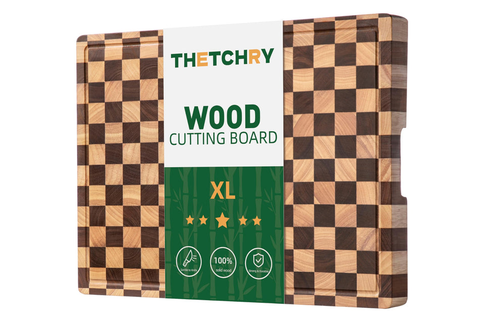 thetchry checkered acacia cutting board top view highlights durable, stylish prep surface