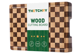 Thetchry end-grain checkered acacia cutting board for durable chopping.