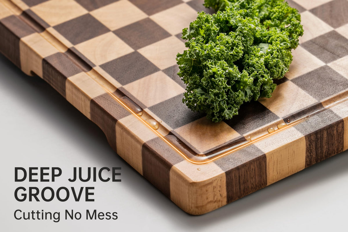 Thetchry cutting board with juice groove catches liquids for cleaner food prep.