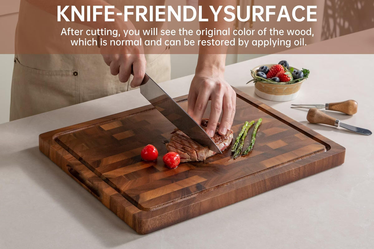 THETCHRY cutting board with juice groove catching liquids to protect countertops