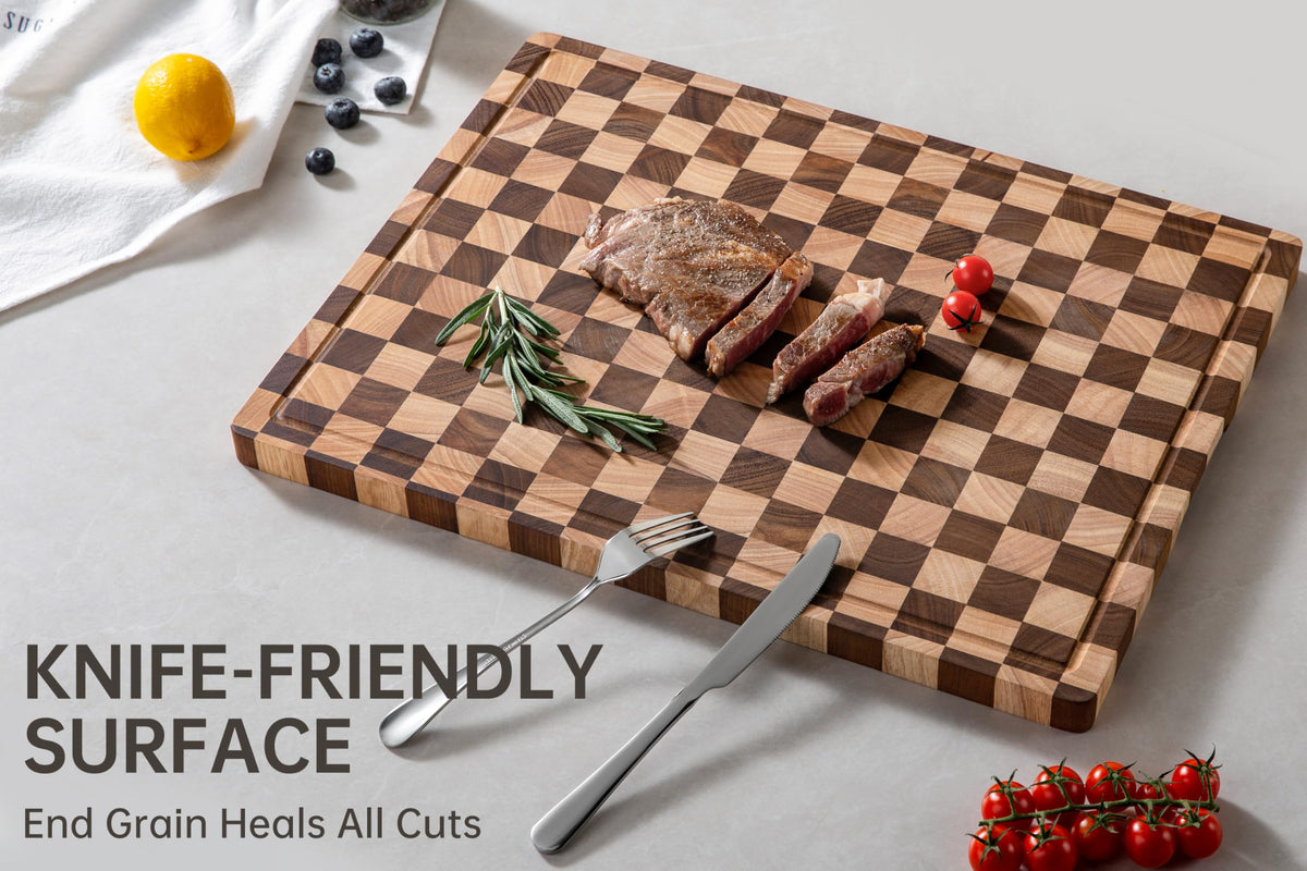 thetchry cutting board with juice grooves front captures liquids during chopping