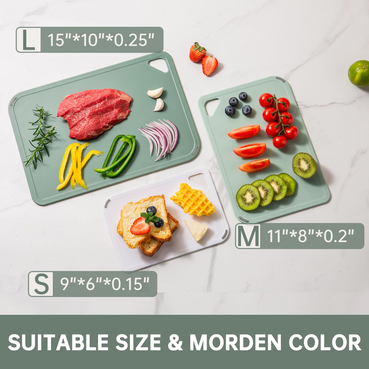 Thetchry cutting board set 3 anti-slip feet, keeps surfaces stable while cutting.