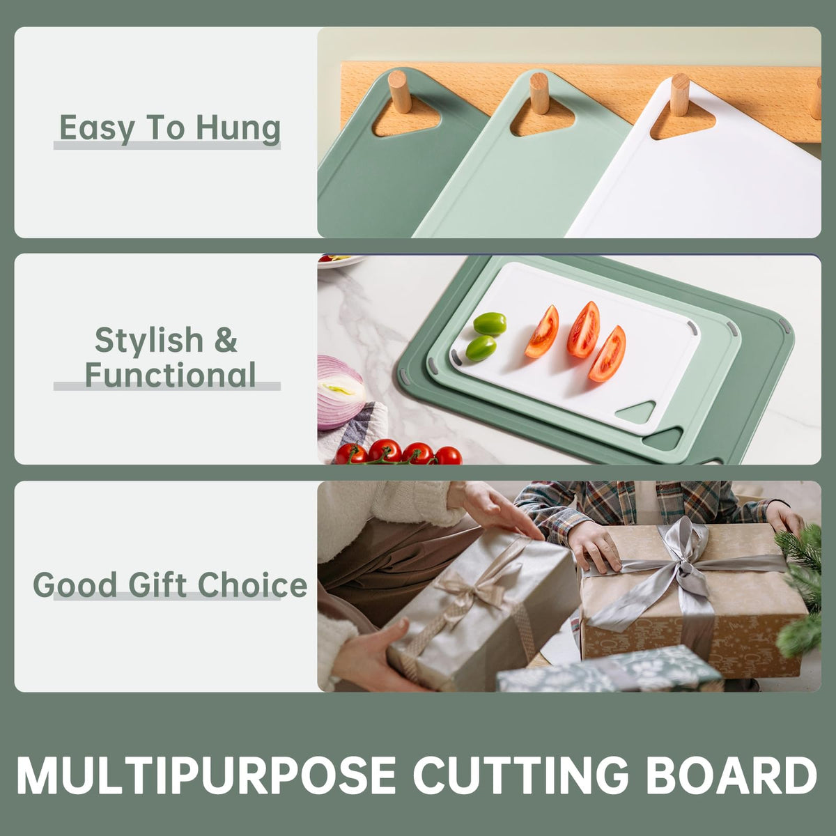 Thetchry cutting board set 3 reversible surface, two sides for different foods.