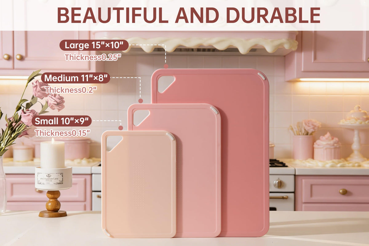 Thetchry pink cutting board medium ideal for vegetables and fruits.