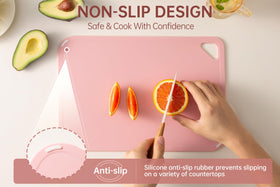 Thetchry pink cutting board small perfect for onions and peppers.