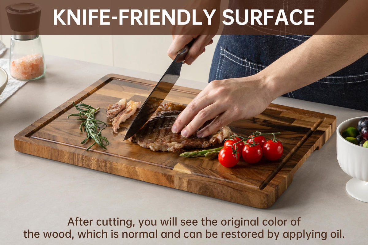 Thetchry walnut cutting board features anti-slip feet for stable chopping
